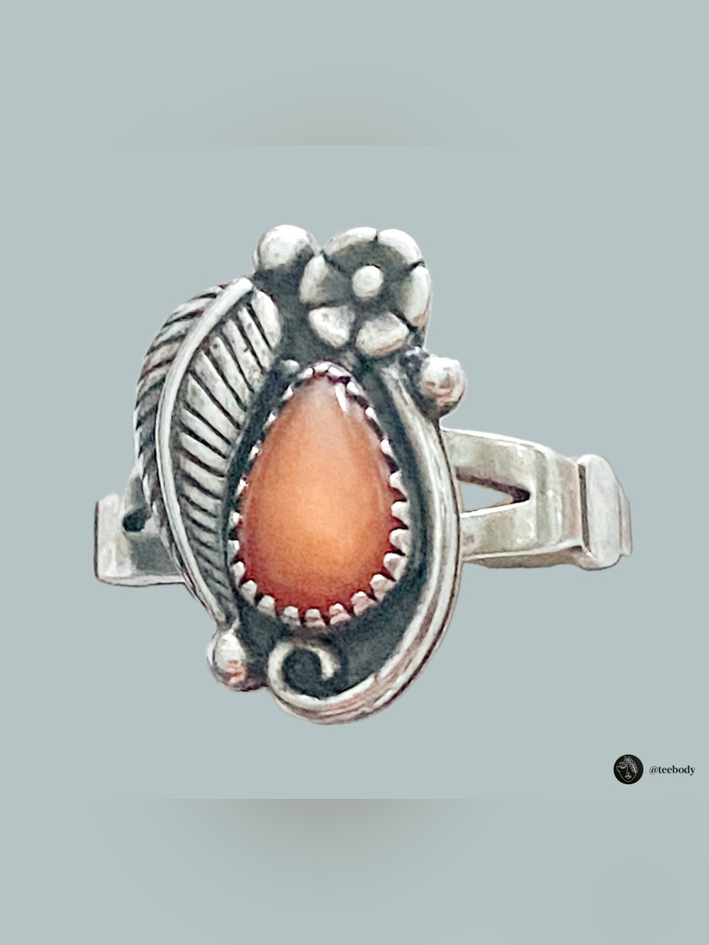 Vintage WMCO Sterling Silver Southwestern Floral Leaf Orange Paua Shell Ring NWT